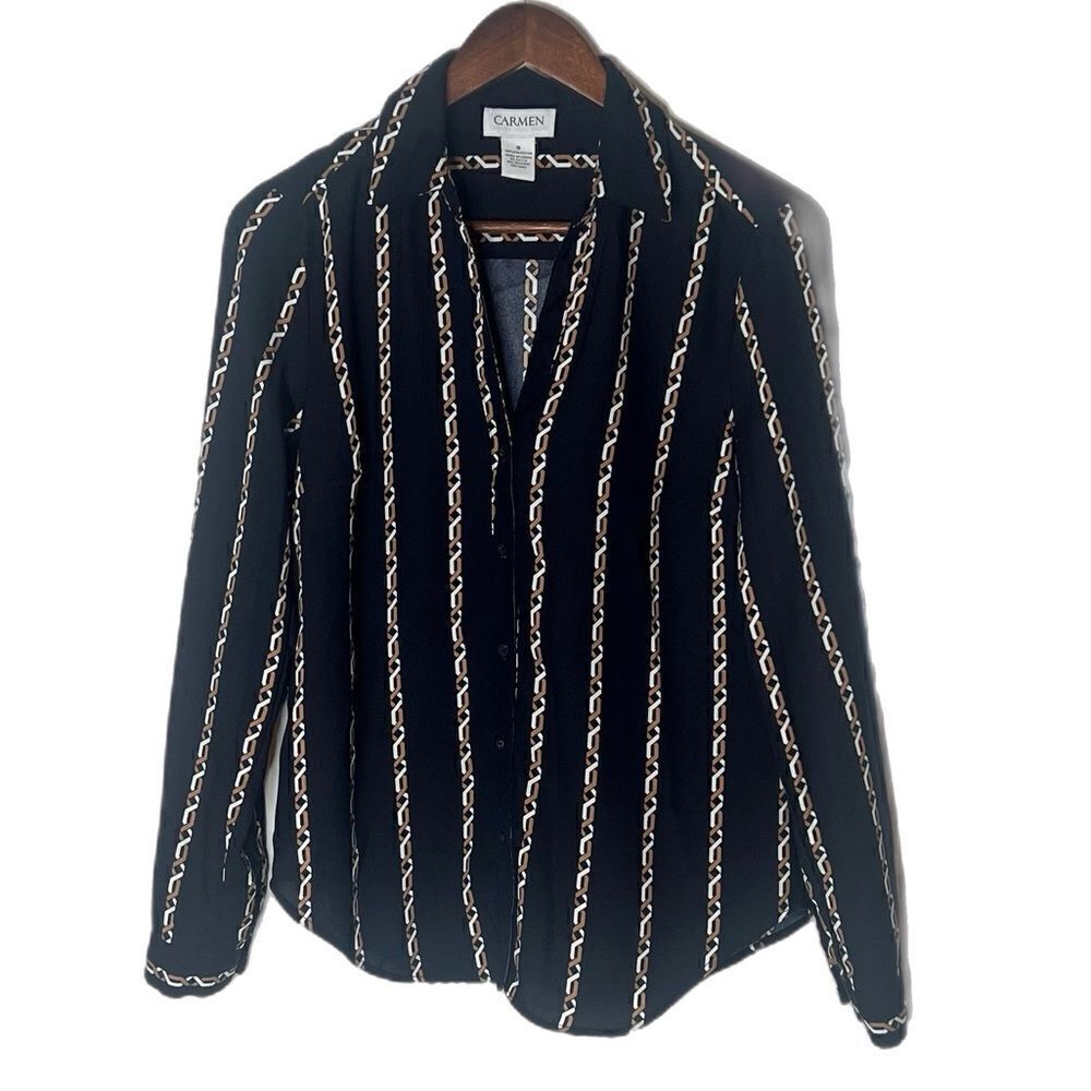 Carmen Marc Valvo Button Up Long Sleeve Chain Link Print Blouse Top - Picture 2 of 5